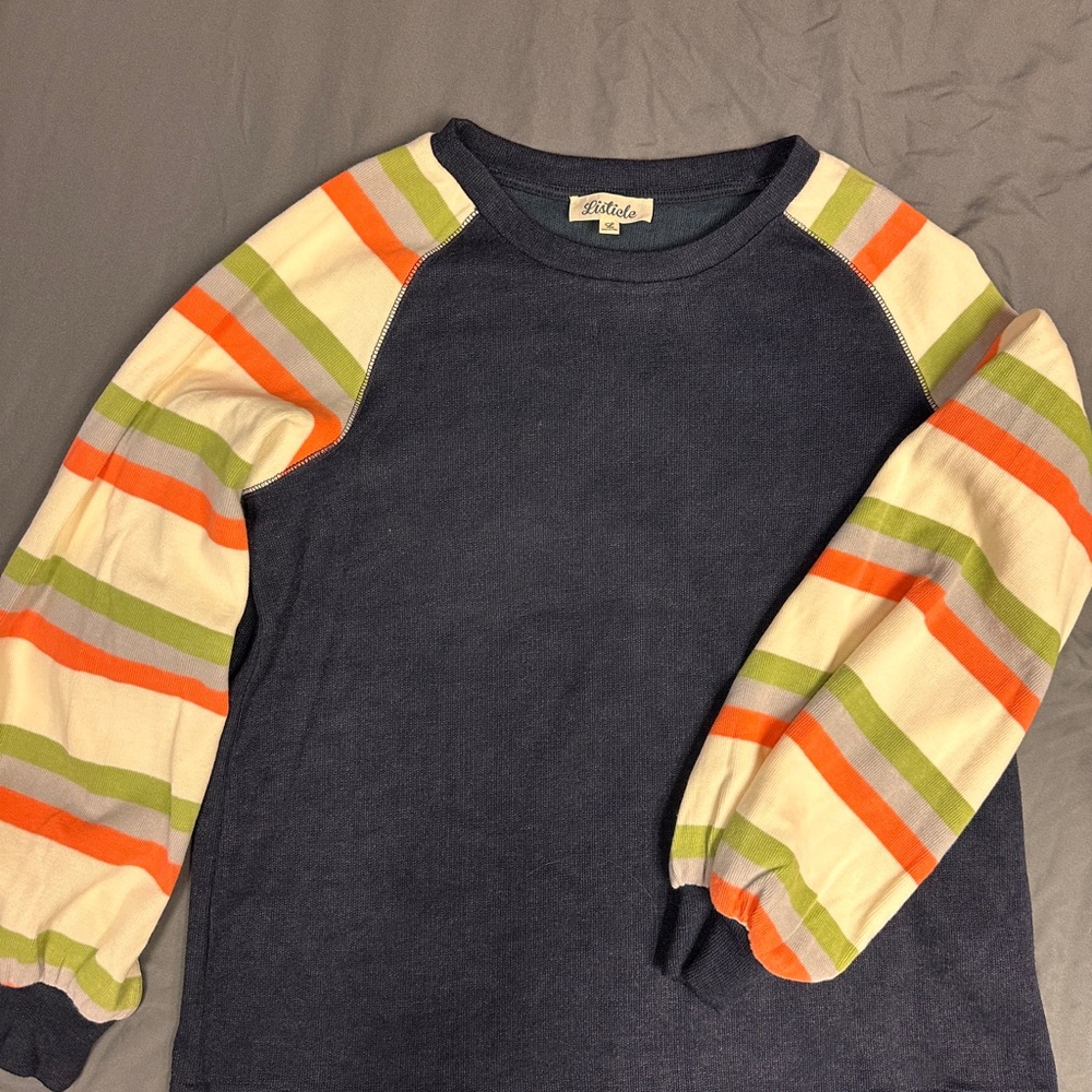 Listicle Navy Sweater with Striped Sleeves